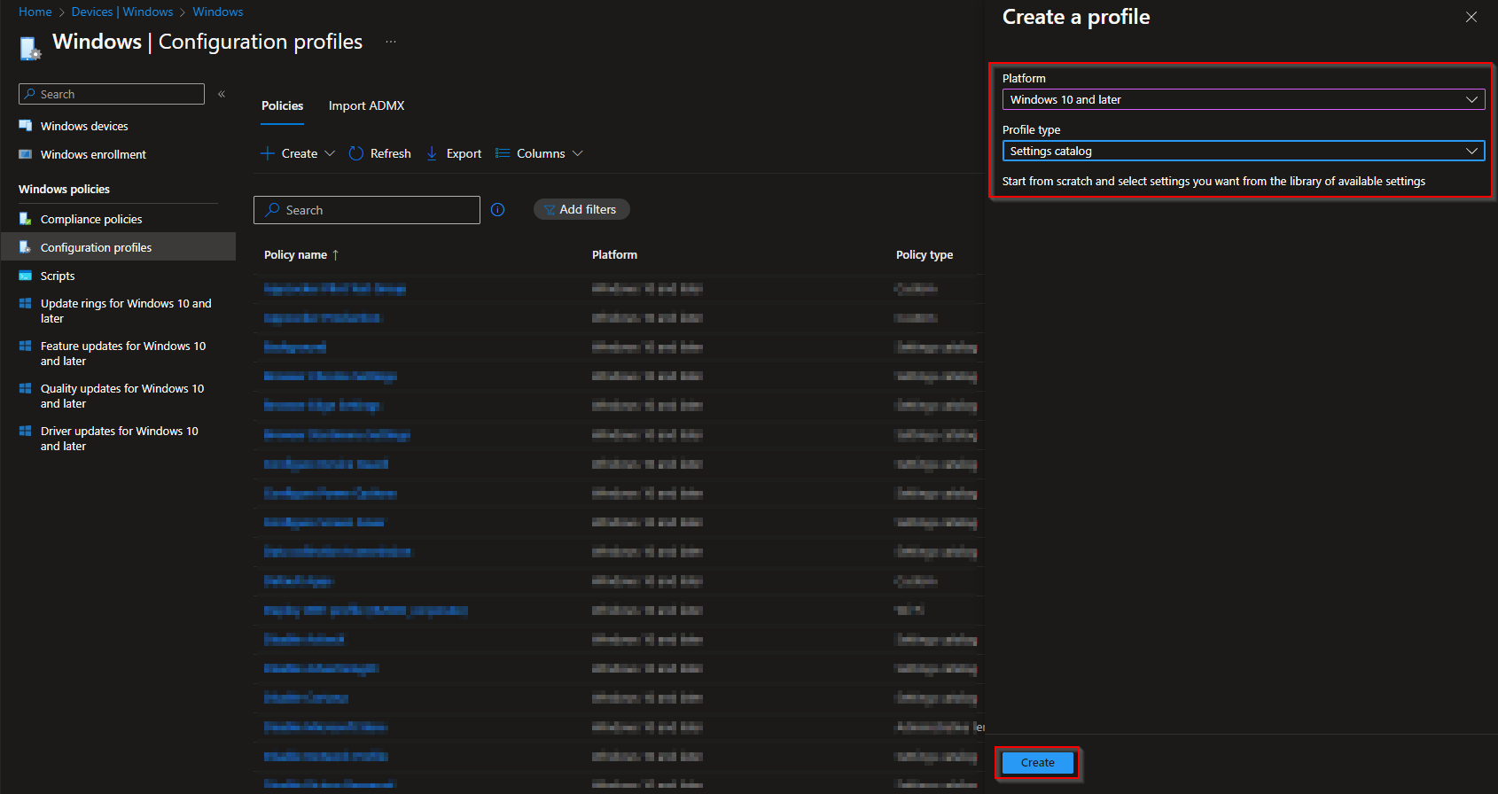 Intune admin center – Devices, Windows, Configuration profiles